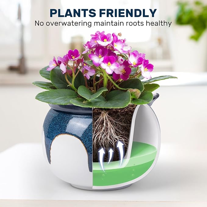 African Violet Pots,6 Inch Self Watering Pots for Indoor Plants,Easy Plant Self Watering Planter, Ceramic Plant Pot with Absorbent Inner Pot for Flowers - Gradient Blue