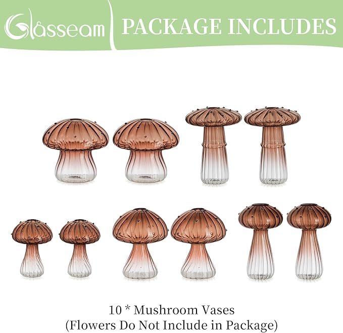 Glasseam Mushroom Plant Propagation Stations: Amber Glass Terrarium Jar Set of 10 Cute Planters for Indoor Plants Mini Propagate Station Unique Christmas Birthday Gifts for Women Home Office Decor