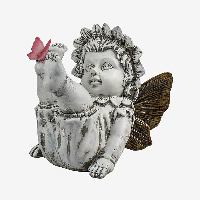Garden Fairy Outdoor Solar Decor, Resin Ornaments for Patio Lawn Yard Porch, Playful Garden Flower Fairy Statues for Outside Angel Gifts, 7.91 Inches Tall