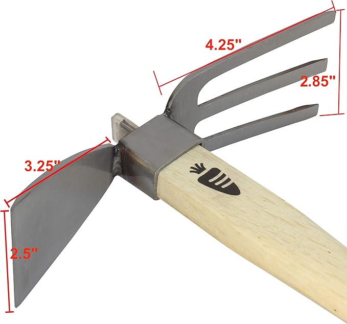 Carrot Design Stainless Japanese Style Garden Hoe and Cultivator Dual Headed Weeding Tool - 3 Prongs Combo Garden Tools with Wood Handle