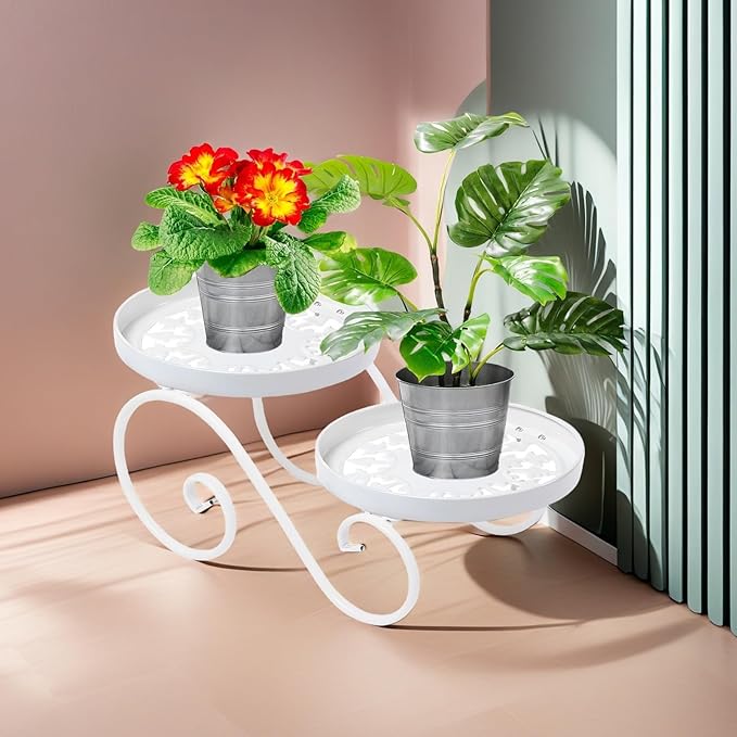 2 Tier White Plant Stand, Metal Flower Stand Indoor Outdoor, Anti-Rust Iron Plant Shelf, Round Flower Pot Stands for Multiple Plants, Display Rack Potted Plant Holders for Garden Home Decor