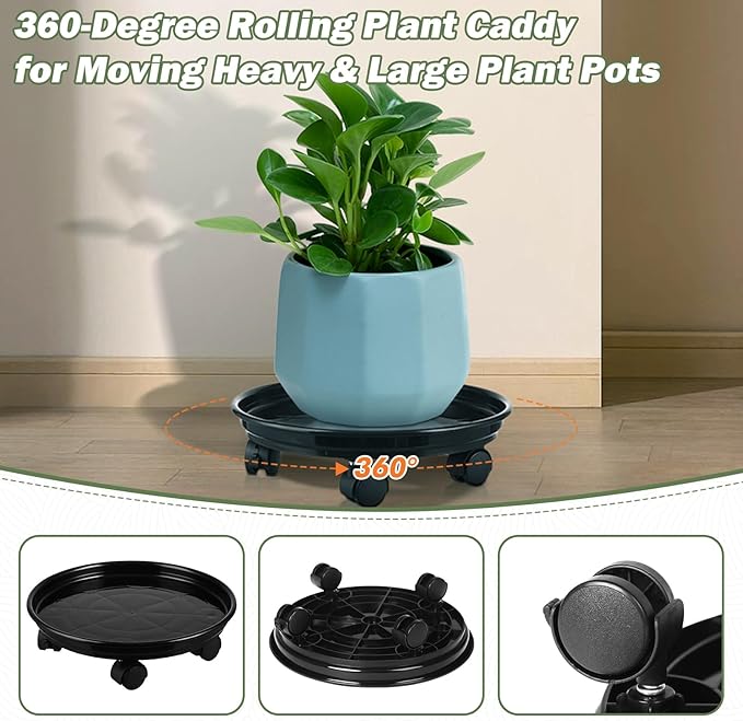 6 Packs Plant Caddy with Wheels 12" Plastic Rolling Plant Stands Heavy-duty Plant Dolly with Casters Indoor and Outdoor Plant Roller Base Large Heavy Plant Pot Saucers with Wheels Plant Mover, Grey