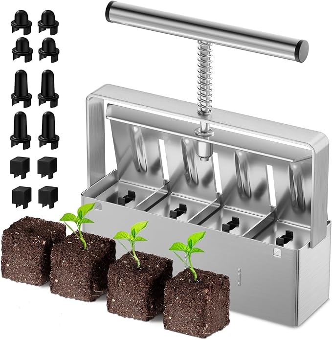 Soil Blocker 2 Inch 4 Cell Upgraded Soil Block Maker Heavy Duty with Comfortable Handle and 3 Sizes Seed Pins Handheld Soil Blocking Tool for Seed Starting transplanting Germination