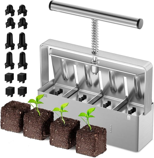 Soil Blocker 2 Inch 4 Cell Upgraded Soil Block Maker Heavy Duty with Comfortable Handle and 3 Sizes Seed Pins Handheld Soil Blocking Tool for Seed Starting transplanting Germination