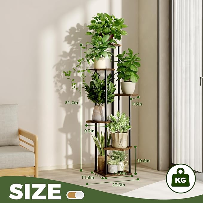 6 Tiered Plant Stand Indoor Corner Plant Shelf for Multiple Plants for Patio Garden Balcony Living Room Bedroom, Tall Metal Flower Pots Stand Relaxing for Women Gift Brown Oak