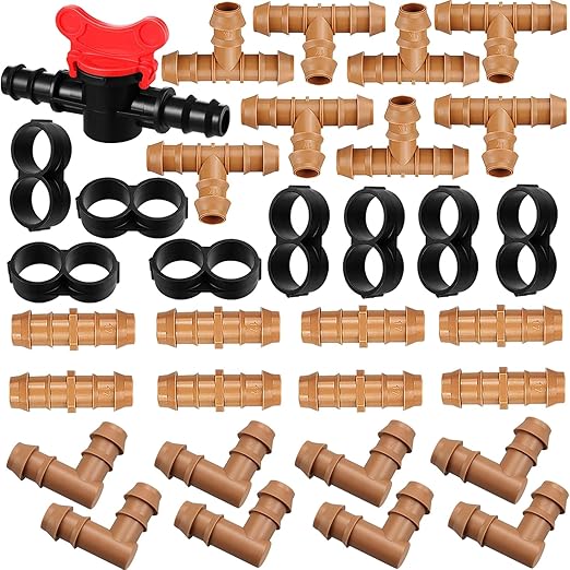 33 Pack Drip Irrigation Fittings Kit for 1/2" Tubing - 1 Switch Valve, 8 Tees, 8 Couplings, 8 Elbows and 8 End Cap Plugs Barbed Connectors for Drip Sprinkler Systems, Garden, Patio, Lawn