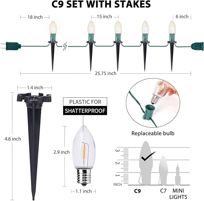 C9 Christmas String Lights Outdoor - 25.7 Feet 20 LED Pathway Lights, Connectable Waterproof Walkway Lights for Indoor Xmas Party Holiday Wedding Commercial Decorations, Warm White
