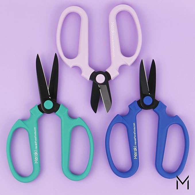 Meraki Flower Scissors Set of 3 / Garden Scissors with Black Carbon Steel Blades, 3 Sizes in Cool Analogous Colors