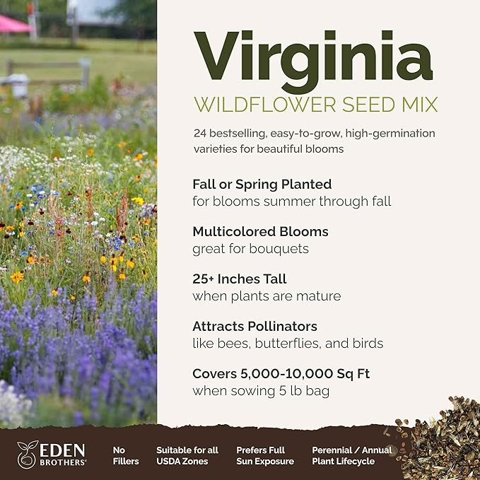 Eden Brothers Virginia Wildflower Mixed Seeds for Planting, 5 lbs, 2,400,000+ Seeds with Five Spot, African Daisy | Attracts Pollinators, Plant in Spring or Fall, Zones