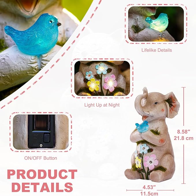 Solar Elephant Holding Solar Butterfly Lights - Resin Garden Outdoor Decorations for Patio,Balcony,Yard,Birthday Garden Gifts for Women Mom