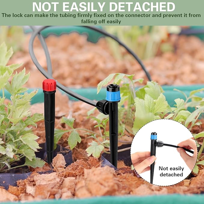 100 Pcs Drip Irrigation Emitters for 1/4" Tubing 50 Micro Irrigation Emitters Sprayer 50 Adjustable 360 Degree Water Flow Drippers for Garden Irrigation System(Red, Blue, Latch)