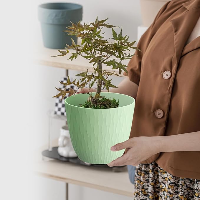 6 inch Plant pots, 12 Pack Modern Plastic Planters with Drainage Holes and Saucers for Repotting Indoor Plants and Flowers, Green