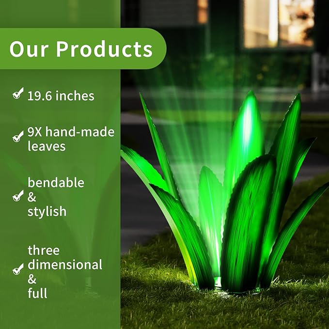 Upgraded Large Metal Yard Art, Metal Agave Plant Yard Decorations Outdoor Sculpture, Metal Flowers for Outside, Waterproof Outdoor Garden Decor (Green (W/Solar Light))