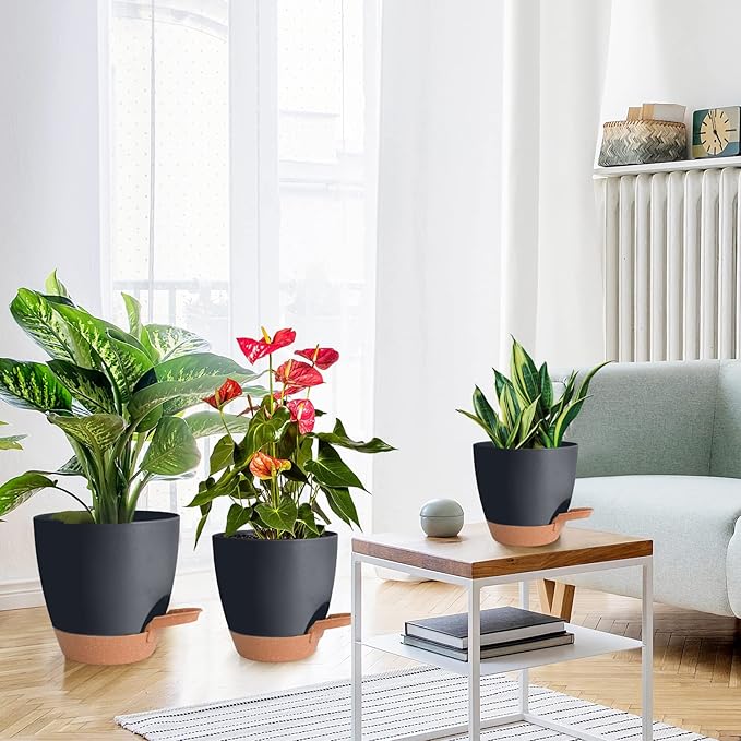 Planters for Indoor Plants, 8/7/6.5/6/5.5/5 Inch Self Watering Plant Planters with Drainage Hole, Plastic Planters Flower Pots for Indoor Outdoor Plants (Black)
