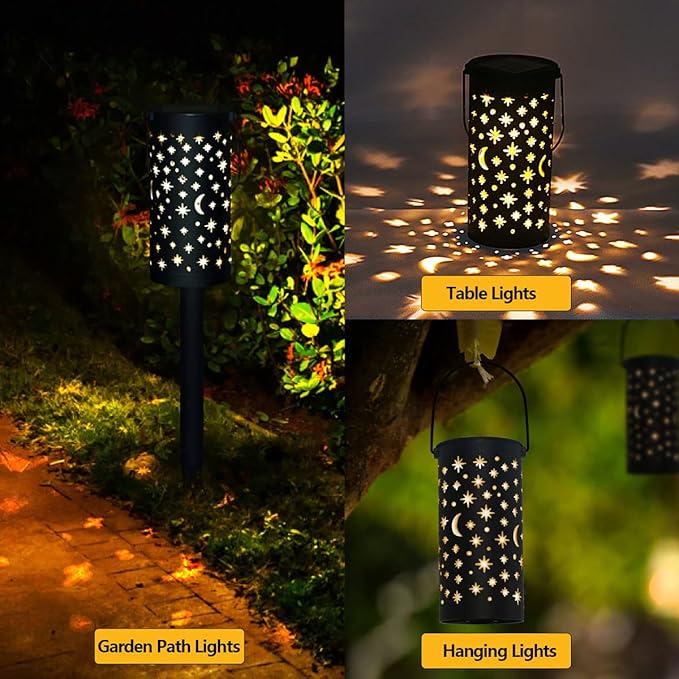 Solar Garden Lights - 6 Pack Black Star Moon, Waterproof Outdoor Path Lights