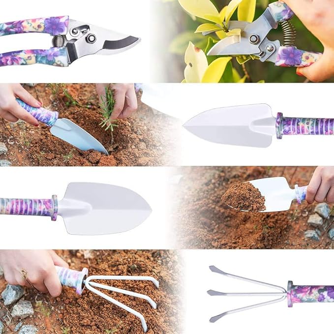NARA CO 5 Pieces Garden Tool, Set Gardening Tools Gift Kit Non-Slip Handle with Anti-Rust Trowel, Cultivator, Pruning Shear, Water Sprayer