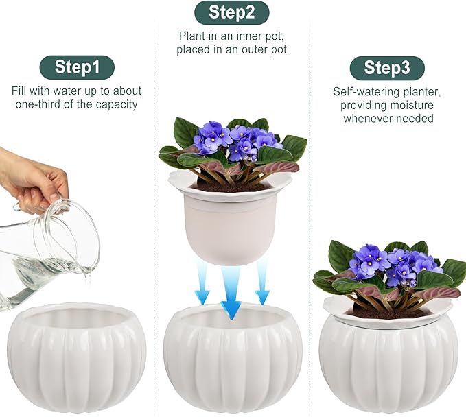 African Violet Self-Watering Ceramic Planter – 6 Inch Pot for Indoor Plants, Succulents, Herbs & Small Houseplants, Simple Self-Watering Design for Home & Office Décor, White