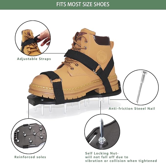 Lawn Aerator Shoes, Pre-Assembled Lawn Aerator Spiked Aerating Sandals with Adjustable Straps and Stainless Shovel, Heavy-Duty Spike Shoes for Men Women Aerating for Lawn, Yard, and Garden