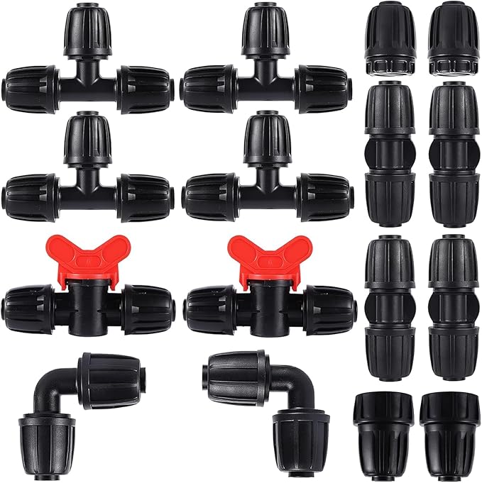 16PCS1/2-inch Irrigation Fitting Black Lock Barb Connector for (1/2" ID x0.64 OD) 16mm Eyedropper Barb Lock Nut Connector 2 End Caps,2 Elbows,2 On-Off Valves,4 Triway Ard 2 Adapters,4 Straight