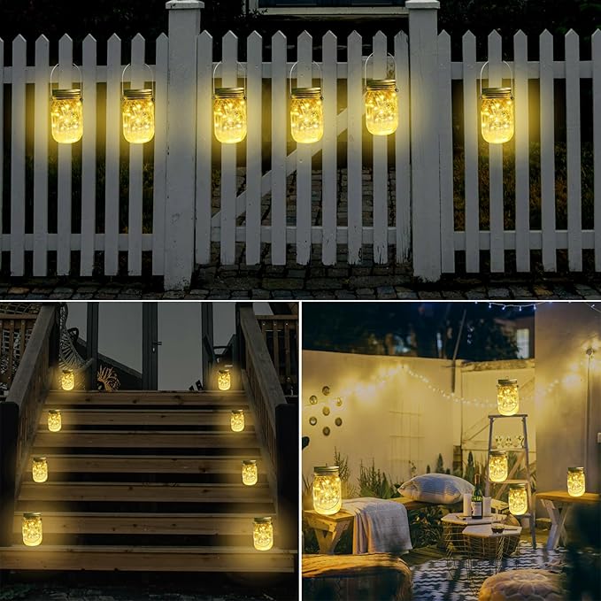 SmilingTown Solar Mason Jar String Light Lids 12 Pack 30 LED Fairy Firefly Inserts Lighting with 12 Hangers Waterproof for Outdoor Tree Patio Lawn Garden Decor, No Jars