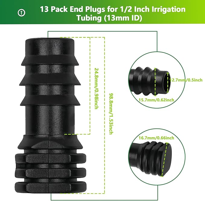13 Pcs Drip Irrigation Fittings End Cap 1/2 Inch, In-Line Barbed Plug End Connector For 1/2 Inch Drip Tubing 13mm ID Drip Line End Parts For Garden Irrigation Systems