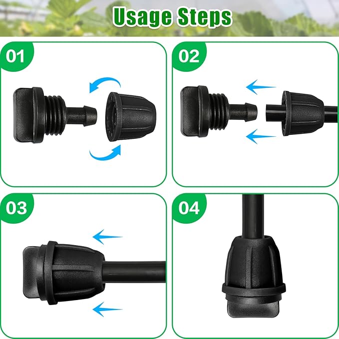JAYEE 1/4 Inch Drip Irrigation Fittings, Barbed Locked End Plugs for ¼ in. Tubing, 25 Pcs Drip Line Parts Irrigation End Closure with Locked Nuts for Garden Lawn Sprinkler Systems, Black