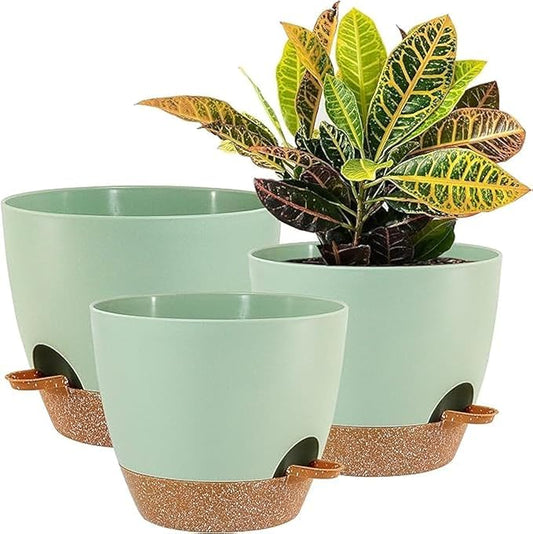 10/9/8 inch Self Watering Pots, Set of 3 Plastic Planters with Mesh Drainage Holes and Deep Reservoir for Indoor Outdoor Garden Plants and Flowers, Green with Brown