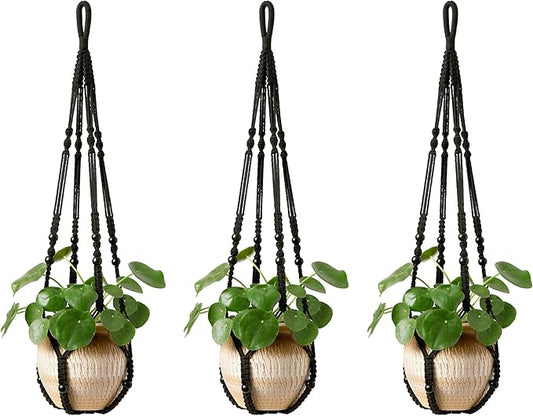 Mkono Macrame Plant Hanger Indoor Hanging Planter Basket with Wood Beads Decorative Flower Pot Holder No Tassels for Indoor Outdoor Boho Home Decor 35 Inch, Black, Set of 3 (POTS NOT Included)