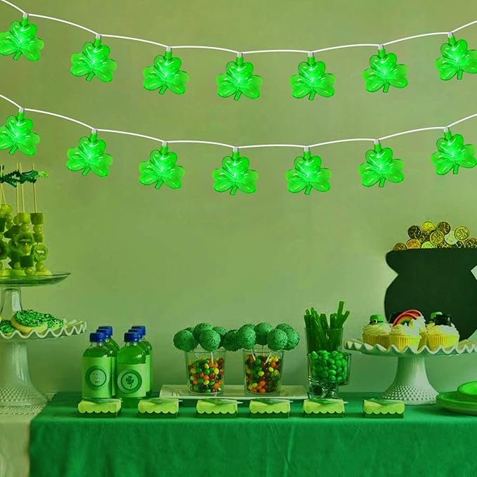 8.5FT Clear Green Shamrock Lights, St Patricks String Lights Outdoor Waterproof with 10 LED Light for rish Shamrock St Patrick's Day Party Indoor Home Garden Decorations