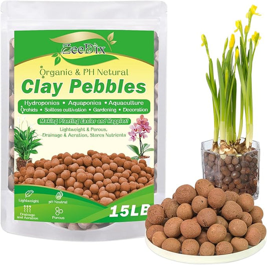 ZeeDix 15LBS Expanded Clay Pebbles for Plants, 4mm-16mm Clay Aggregate Grow Media, Natural Organic Clay Pebbles for Hydroponic, Gardening, Orchids, Decoration, Aquaponics