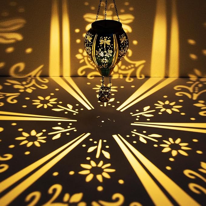 Starsoul Hot Air Balloon Solar Lantern with Dragonfly Projection Metal Outdoor Waterproof Hanging Hot Air Balloon Solar Lights for Garden Yard Patio Decor