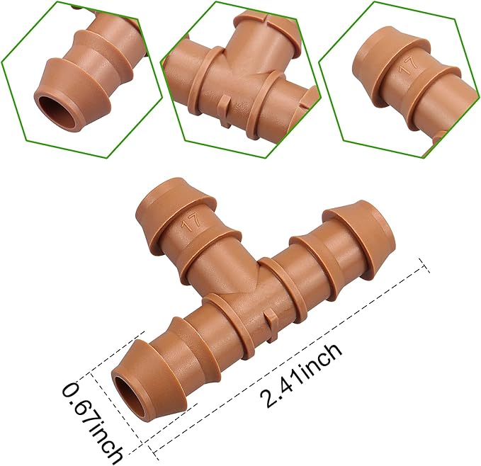 JAYEE 25 Pack Drip Irrigation Barbed Tee Fittings (17mm) for 1/2" Drip Hose(0.600”ID) ，Sprinkler Tubing Connector for Drip System