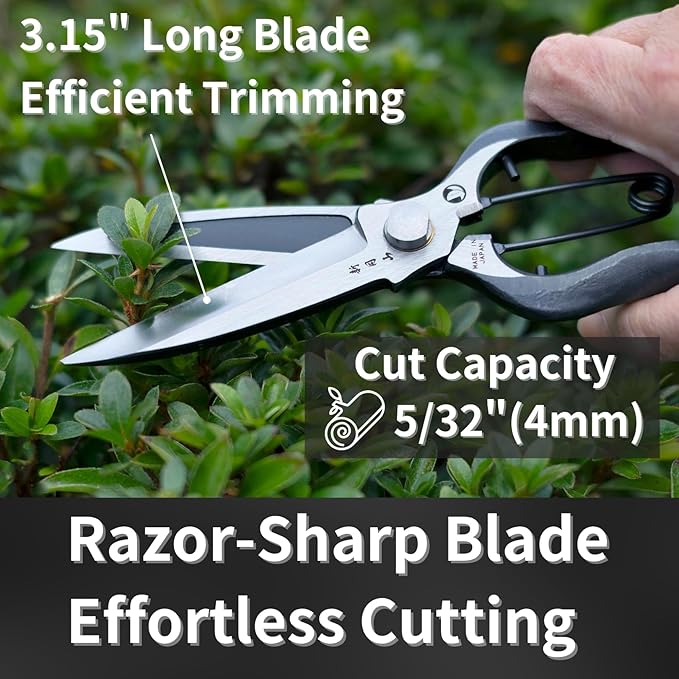 Leaf Trimming Scissors Handheld Hedge Shears 9", Professional One-Handed Hedge Clippers for Trimming of Hedges and Trees, Japanese Carbon Steel Blade, Spring Loaded Handle, Made in Japan