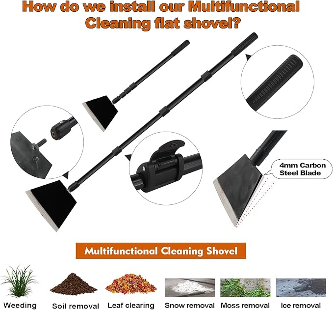 Garden Shovel, Ice Scraper for Cleaning, Snow Flat Shovel with Adjustable Long Handle and Heavy Duty Sharp Blade, Cleaning Weed Remove Tool for Lawn Edging Back Yard Sidewalk Grass