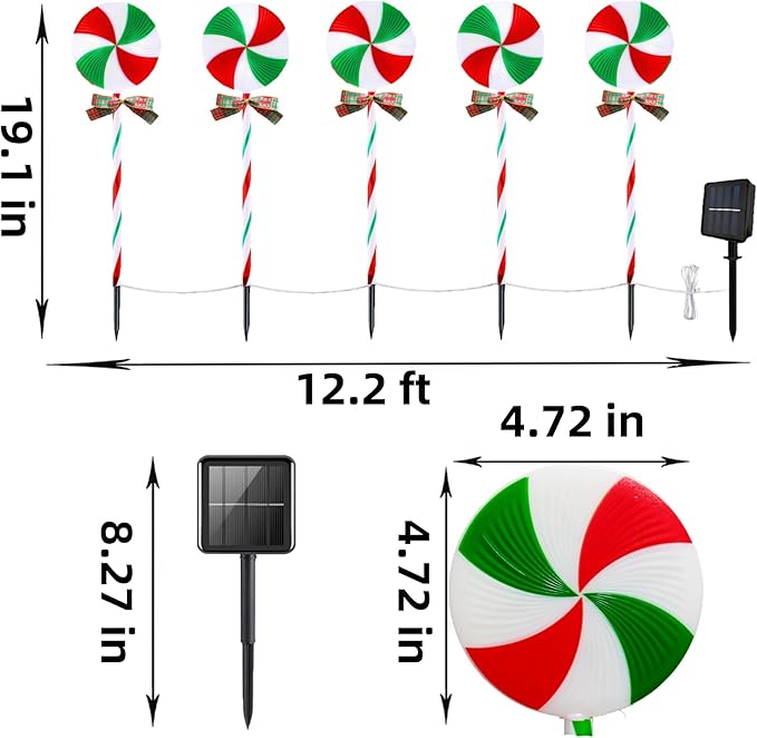 10 Packs Christmas Pathway Lollipop Lights with Bow Tie Solar Powered Outdoor Waterproof Xmas Candy Cane Path Landscape Decorative Stake Lights 2 Solar Panel + 10 Lights