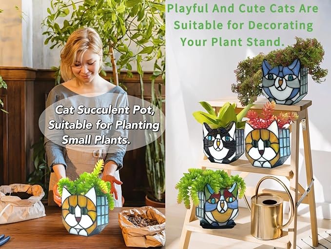 Tiffany Style Orange Cat Stained Glass Flower Pots,Indoor Plant Display, Orange Cat Small Pots for Plants, Gift for Cat Lovers,4.6x5.15x2.3 in （Excluding Plants）