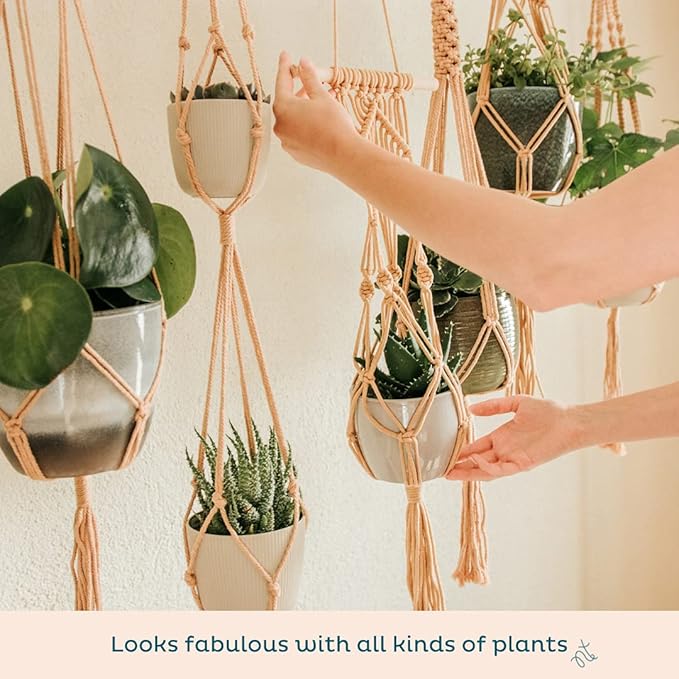 6-Pack Macrame Plant Hanger - 12 Ceiling Hooks, Plant Hanger Indoor, Hanging Plant Holder, Hanging Planters for Indoor Plants, Boho Plant Hanger, Plant Hangers Indoor Macrame (Caramel)
