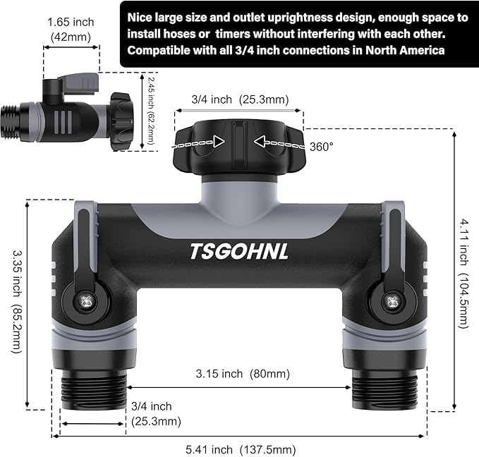 3/4-Inch Garden Hose Splitter, Outdoor Faucet Adapter, Patio Hydrant Manifold - Designed for Multiple Irrigation System Sprinkler Timers, 2-Way Hose Bib Valve-gray