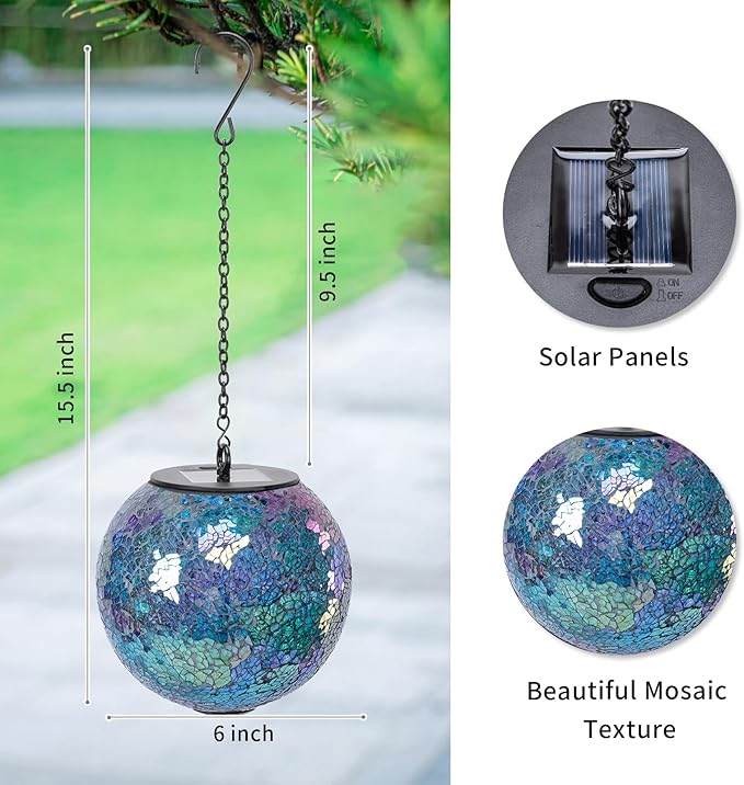 VCUTEKA Solar Chandelier Outdoor, Hanging Mosaic Solar Lights with Hook Up, Solar Garden Lantern Decor for Yard, Deck and Patio, Blue