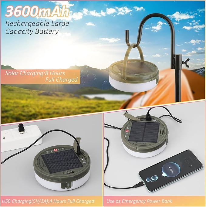 Solar Camping String Lights, 39.4FT Waterproof Camping Lights with 8 Lighting Modes, Rechargeable Outdoor Camp lamp 2 in 1with Remote Control, Portable Tent Lantern for Hiking, Yard, Party Decor