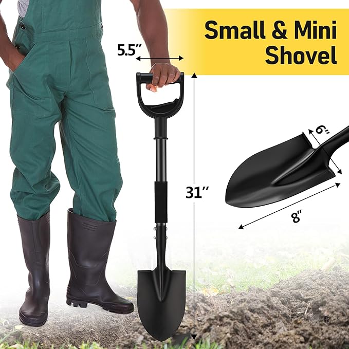 Shovel, Garden Shovel for Digging, 31 inch Small Spade Shovel with Curved D-Handle, Heavy Duty Portable Mini Shovels for Gardening, Digging, Camping, Car Shovel, Kids Sand Beach Shovel