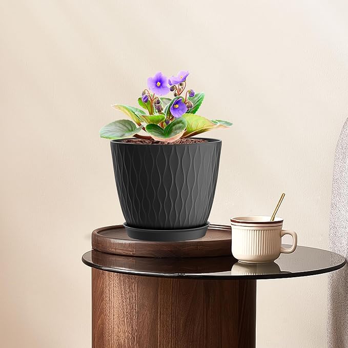 12 Pack 6 inch Plant pots, Plastic Planters with Drainage Holes and Saucers for Indoor Outdoor Flowers and Plants, Black