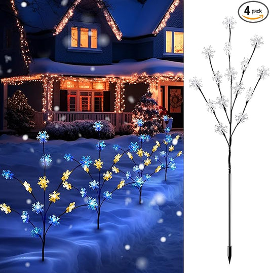 Brightown Snowflake Pathway Lights - 4 Packs Christmas Yard Lights with Small Christmas Tree, Blue & Warm White Outdoor Decorations