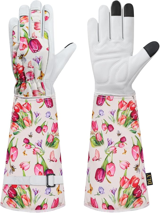 DLY Gardening Gloves for Women, Rose Gloves Gardening Thorn Proof, Long Garden Gloves for Women, Breathable Cowhide Leather Gauntlet (Large, White)