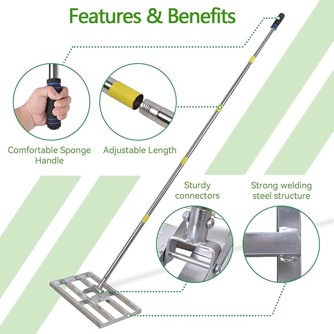 Scalebeard Lawn Leveling Rake,6FT 17 X10In Lawn Leveling Tool, Effort Saving & Adjustable Handle Heavy Duty Lawn Leveler for Yard Garden Golf Course Dirt Leveler