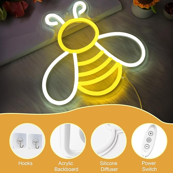 Bee Neon Sign - Dimmable Honey Neon Light Wall Decor, Birthday Party Decorations for Home, Patio, Garden, Bars, Hotels, Stores - Gift for Friends, Family, and Kids