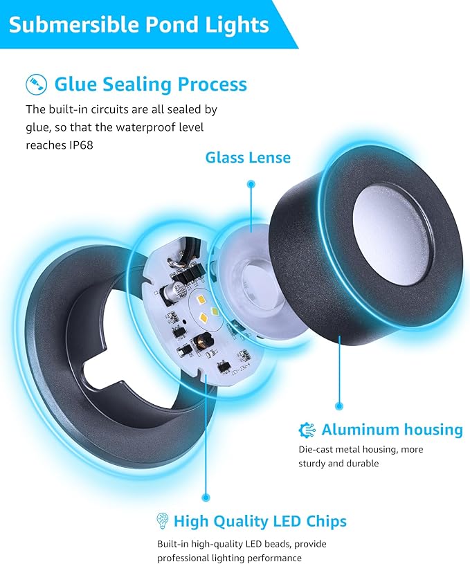 SUNVIE 3W Pond Lights LED Underwater 12-24V AC/DC Low Voltage Fountain Lights LED Underwater 3000K Warm White IP68 Waterproof Underwater Pond Lights for Outdoor Ponds Fountains Waterfalls, 2 Pack