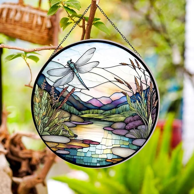 River and Dragonfly Pattern Suncatcher Stained Glass,Hanging Stained Glass for Windows,20cm/7.87inch Hand-Painted Sun Catcher Garden Hangings Painted Glass Panel Decor Themed Gift