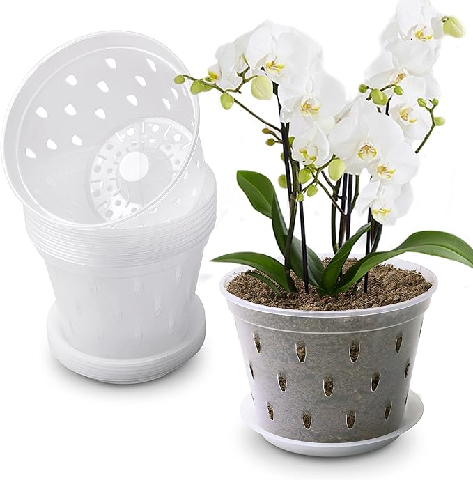 Orchid Pot, 7 Inch 8 Pack Orchid Pots with Holes and Saucers, Clear Plastic Plant Pot Indoor