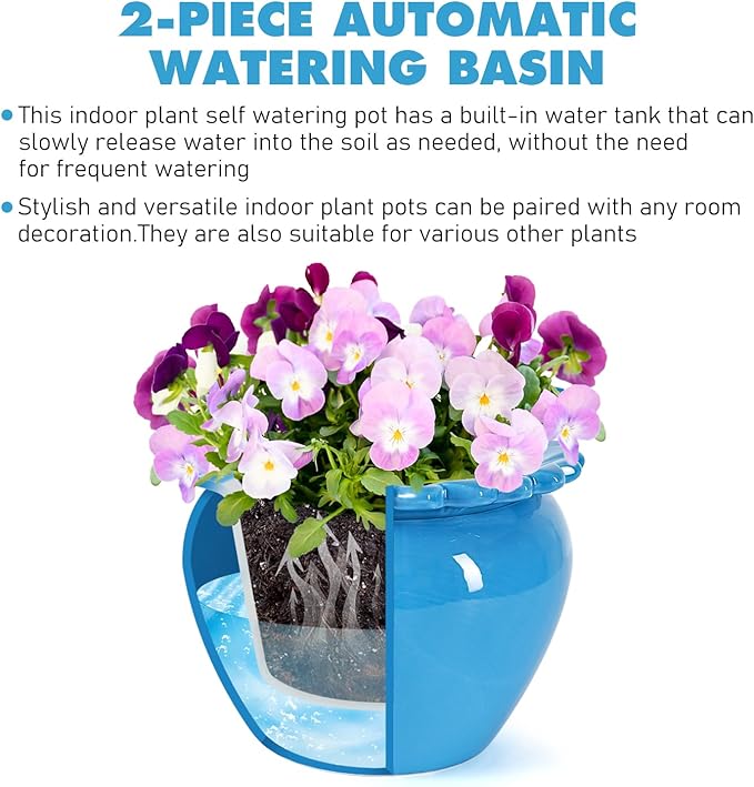 10.5in Large Ceramic Planters for Indoor Plants Blue Self-Watering Terracotta Planter Green Dolomite Clay Morden Decor Simple Irrigation Terracotta Clay Pots with Creamic Reservoir